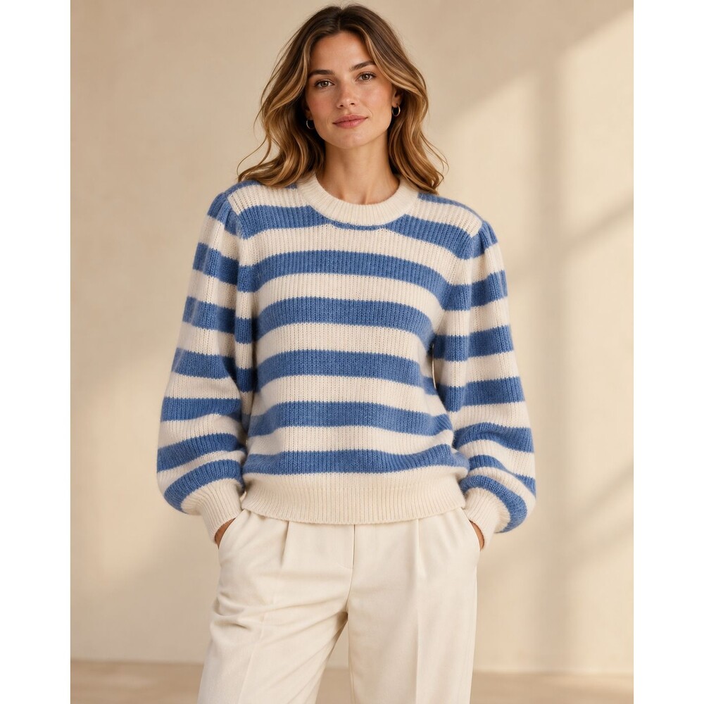 GANNI Womens Alpaca Merino Wool Striped Sweater Blue Cream L Balloon Sleeve